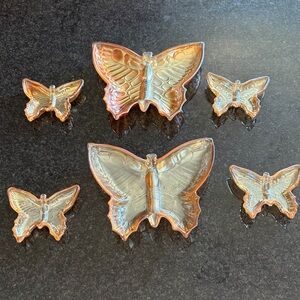 Set of 6 Jeanette Glass Dish Vintage Butterfly Amber Nut Candy Relish Divided